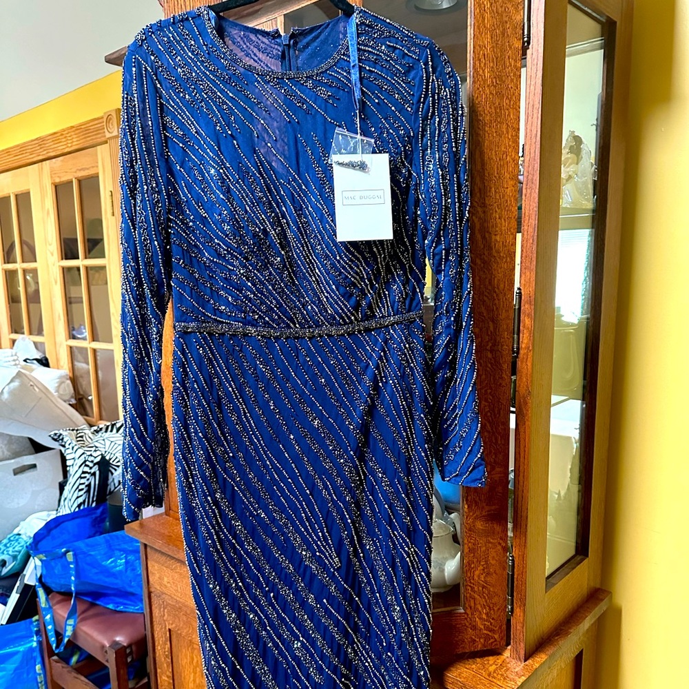 New stunning MacDuggal midnight blue size 10 maxi gown.